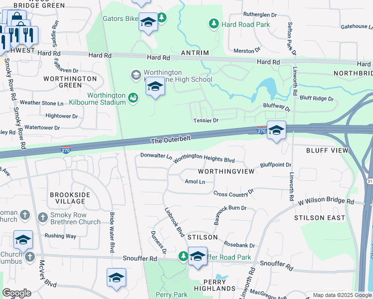 map of restaurants, bars, coffee shops, grocery stores, and more near 1 Jack Nicklaus Freeway in Columbus