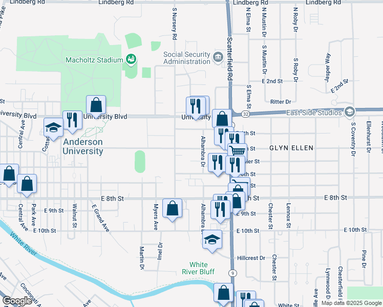 map of restaurants, bars, coffee shops, grocery stores, and more near 1912 East 5th Street in Anderson