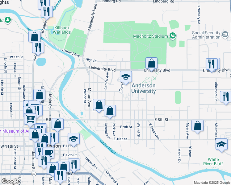 map of restaurants, bars, coffee shops, grocery stores, and more near 802 East 5th Street in Anderson