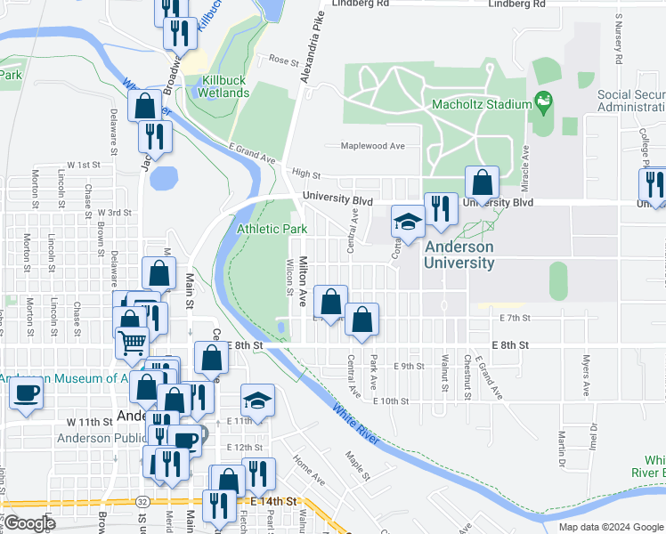 map of restaurants, bars, coffee shops, grocery stores, and more near 411 Central Avenue in Anderson