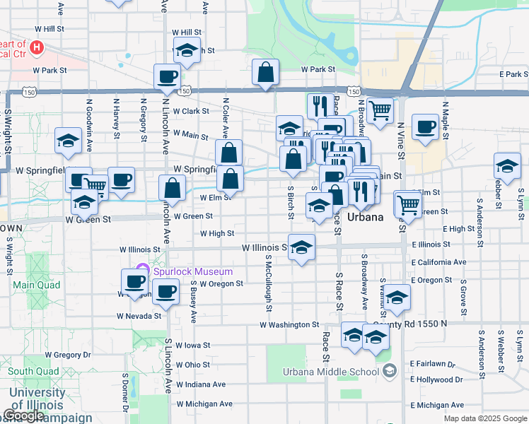 map of restaurants, bars, coffee shops, grocery stores, and more near 507 West Elm Street in Urbana