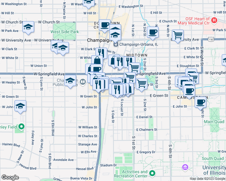 map of restaurants, bars, coffee shops, grocery stores, and more near 404 S Chestnut St in Champaign
