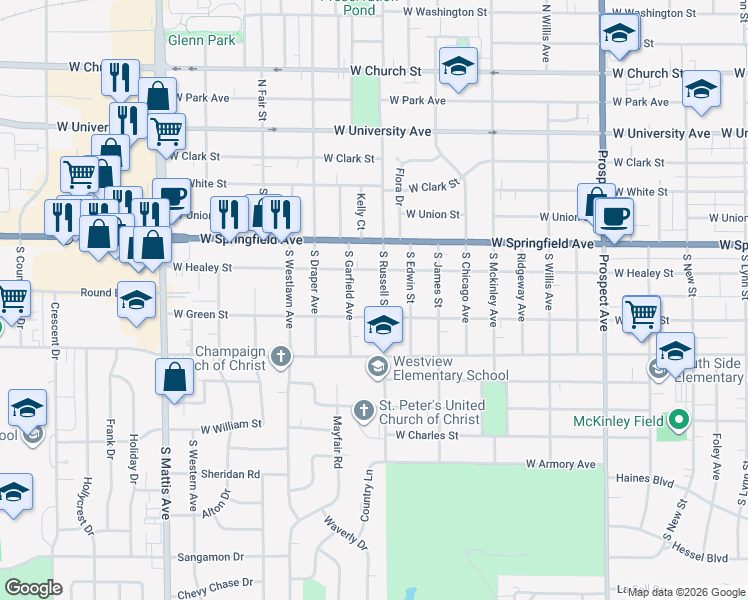 map of restaurants, bars, coffee shops, grocery stores, and more near 501 South Russell Street in Champaign