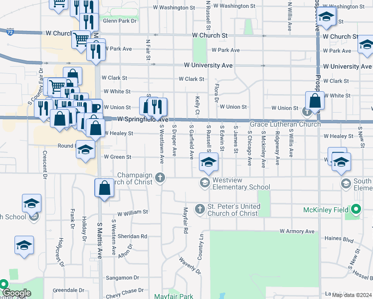 map of restaurants, bars, coffee shops, grocery stores, and more near 1401 West Healey Street in Champaign