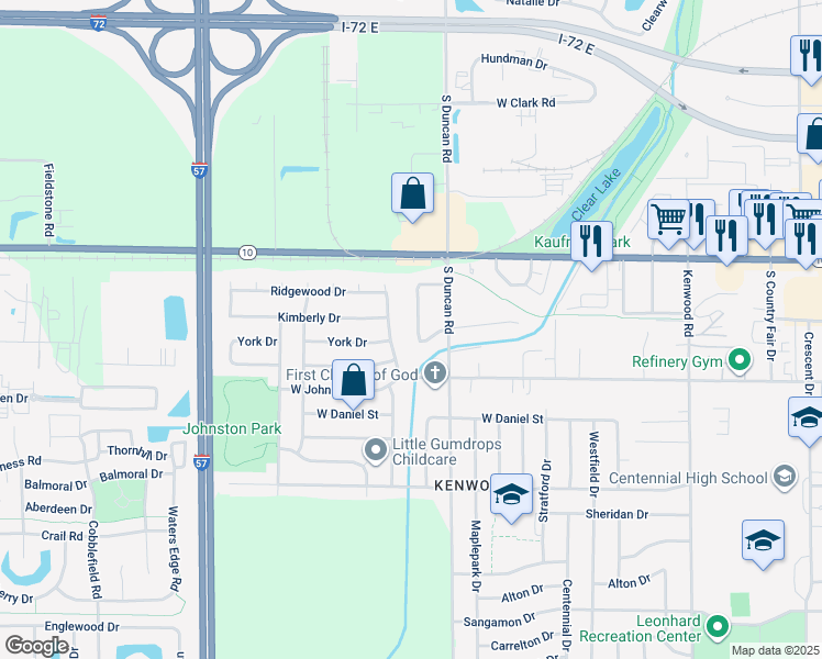map of restaurants, bars, coffee shops, grocery stores, and more near 512 Dogwood Drive in Champaign