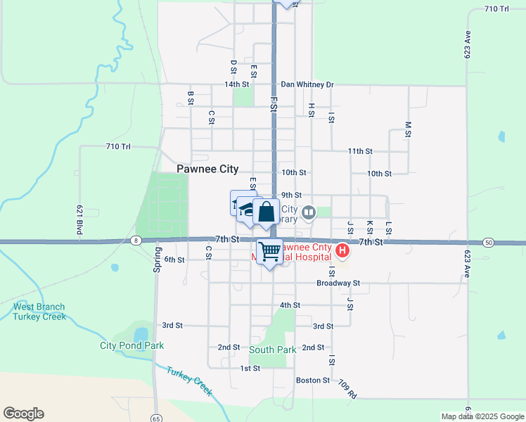 map of restaurants, bars, coffee shops, grocery stores, and more near 501-599 9th St in Pawnee City