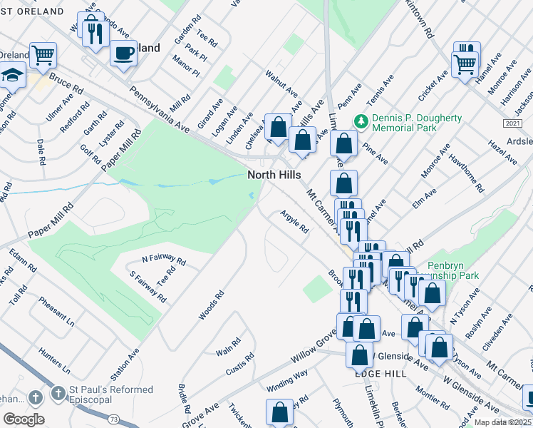 map of restaurants, bars, coffee shops, grocery stores, and more near 765 Brooke Rd in Glenside