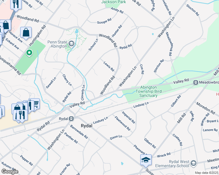 map of restaurants, bars, coffee shops, grocery stores, and more near 1232 Valley Road in Jenkintown