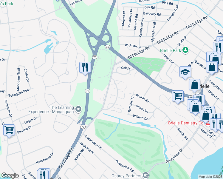 map of restaurants, bars, coffee shops, grocery stores, and more near 47 Mountain Laurel Lane in Brielle