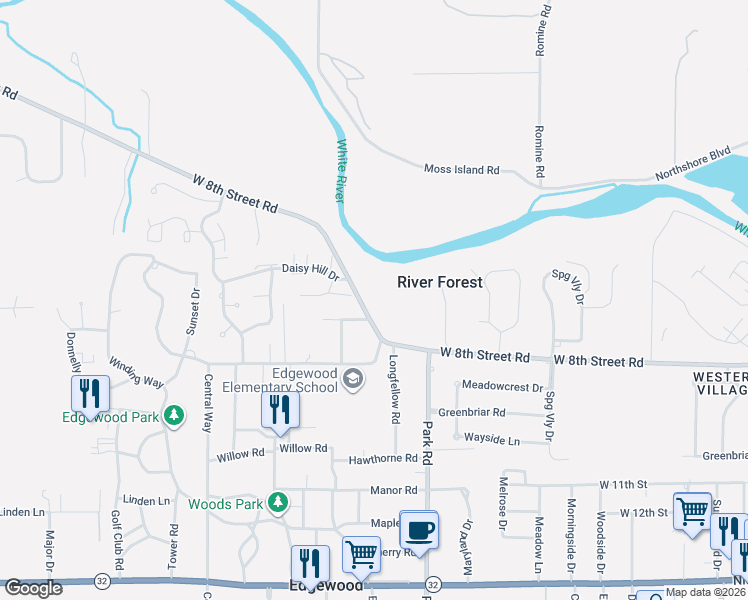 map of restaurants, bars, coffee shops, grocery stores, and more near 3514 West 8th Street Road in Anderson