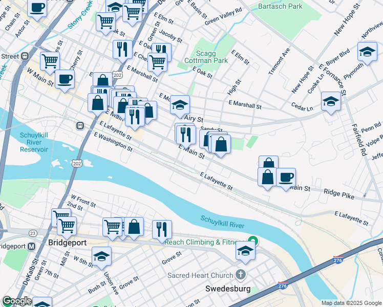 map of restaurants, bars, coffee shops, grocery stores, and more near 528 East Main Street in Norristown