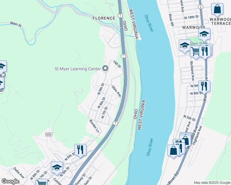 map of restaurants, bars, coffee shops, grocery stores, and more near 518 Ohio Avenue in Martins Ferry