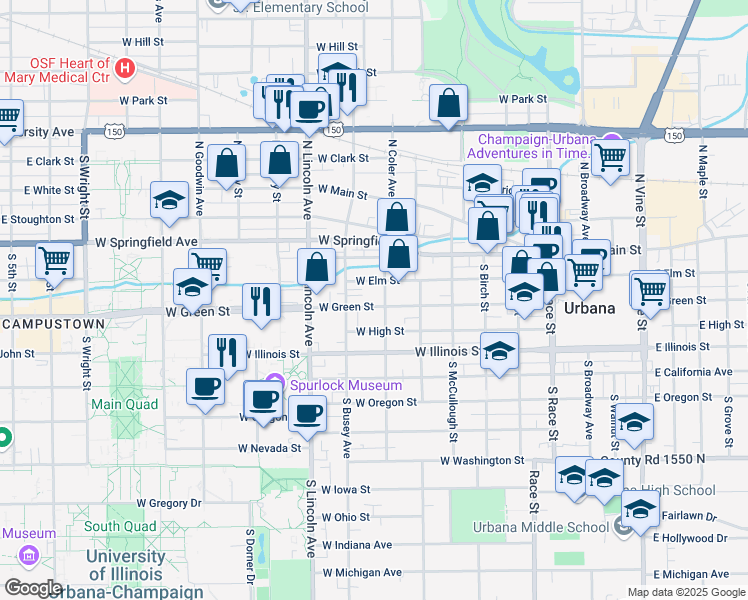 map of restaurants, bars, coffee shops, grocery stores, and more near 704 West Green Street in Urbana