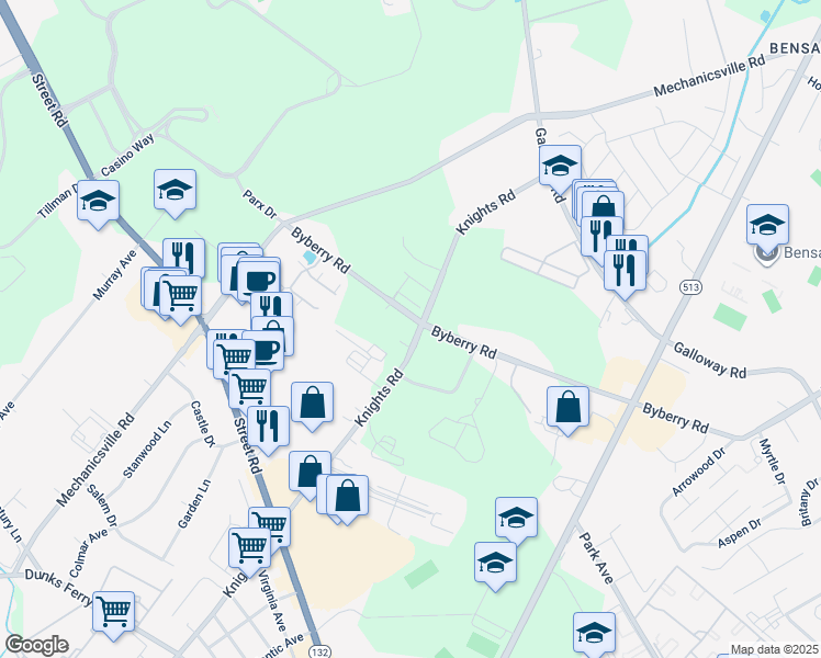 map of restaurants, bars, coffee shops, grocery stores, and more near 3390 Knights Road in Bensalem