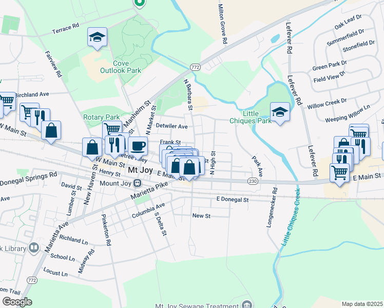map of restaurants, bars, coffee shops, grocery stores, and more near 110 North Barbara Street in Mount Joy