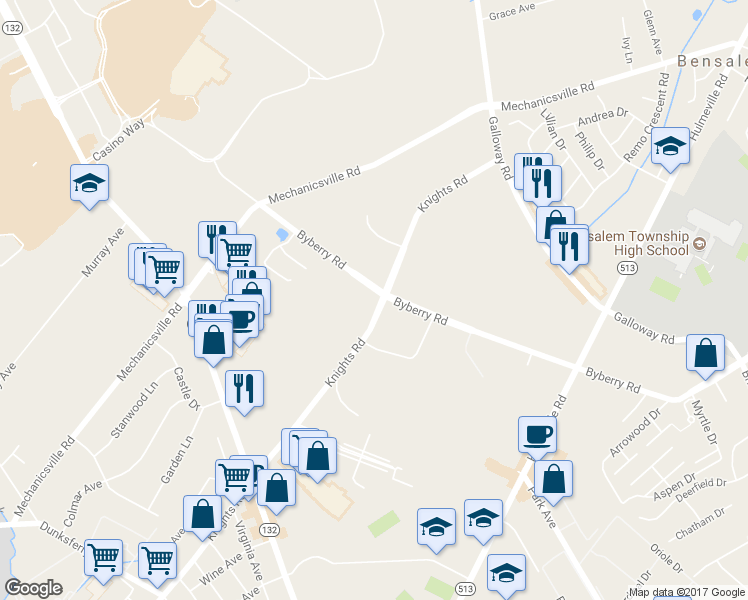 map of restaurants, bars, coffee shops, grocery stores, and more near 3390 Knights Road in Bensalem