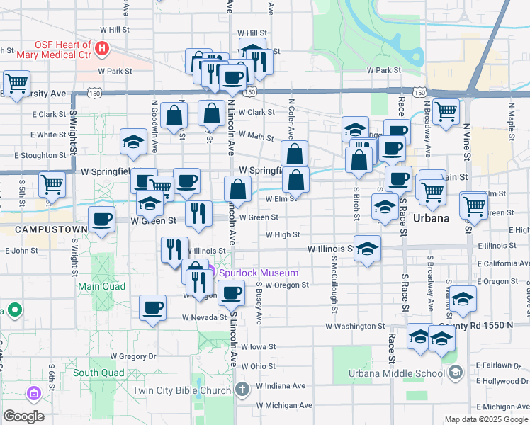 map of restaurants, bars, coffee shops, grocery stores, and more near 712 West Green Street in Urbana