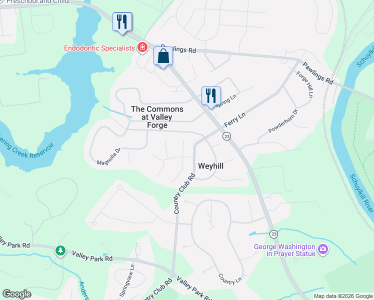 map of restaurants, bars, coffee shops, grocery stores, and more near 45 Hawthorne Lane in Phoenixville