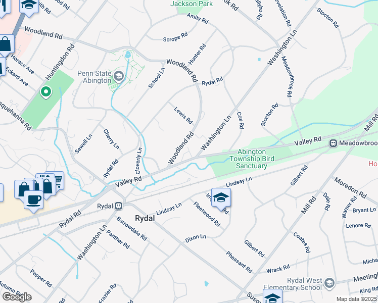 map of restaurants, bars, coffee shops, grocery stores, and more near 1232 Valley Road in Jenkintown