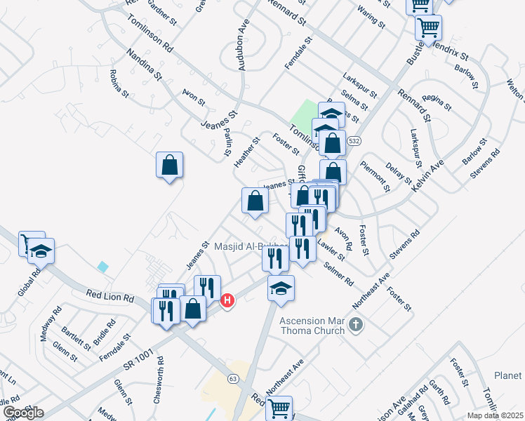 map of restaurants, bars, coffee shops, grocery stores, and more near 629 Parlin Street in Philadelphia