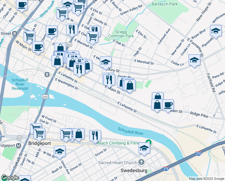map of restaurants, bars, coffee shops, grocery stores, and more near 528 East Main Street in Norristown