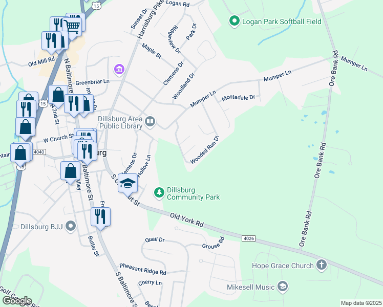 map of restaurants, bars, coffee shops, grocery stores, and more near 3 Brookside Circle in Dillsburg