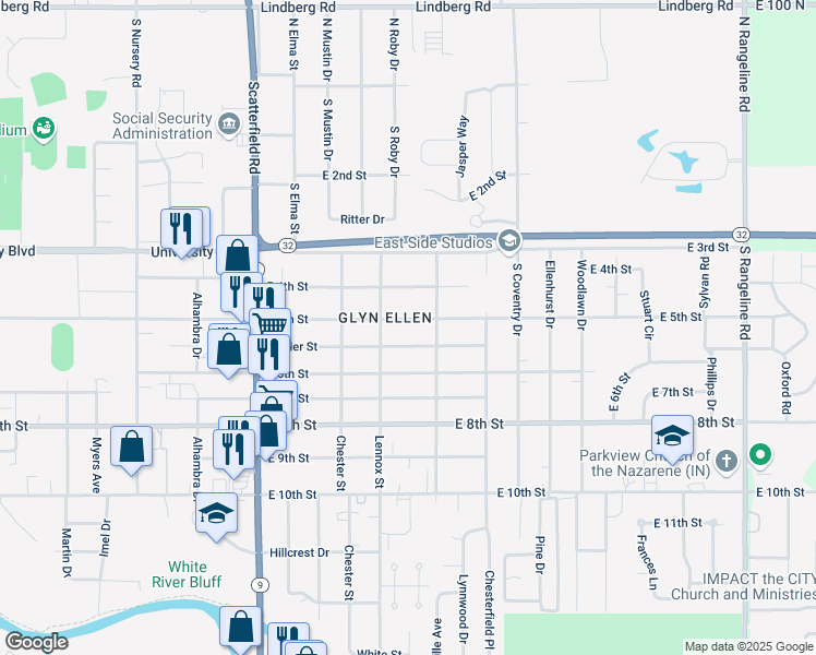 map of restaurants, bars, coffee shops, grocery stores, and more near 2512 East 5th Street in Anderson