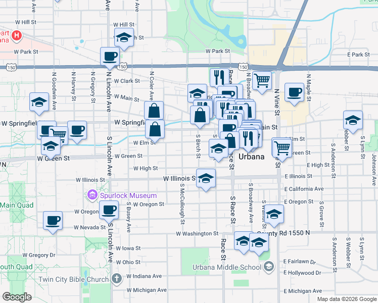 map of restaurants, bars, coffee shops, grocery stores, and more near 408 West Green Street in Urbana