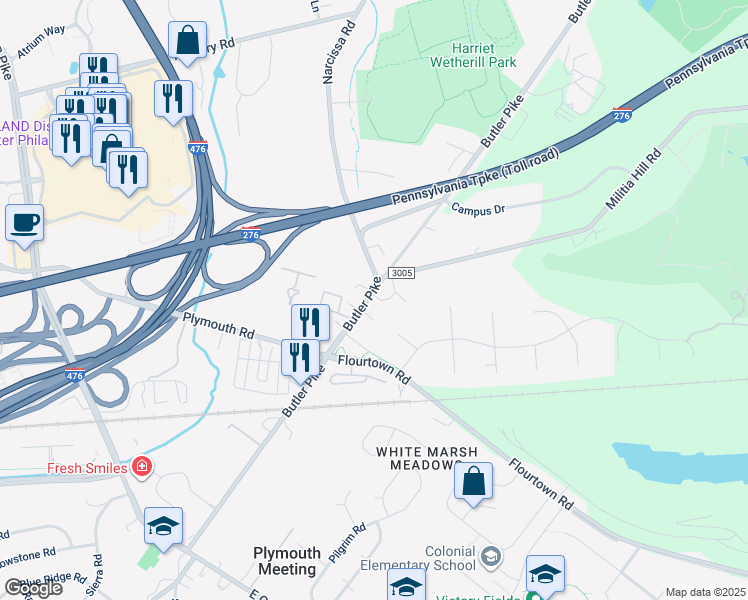 map of restaurants, bars, coffee shops, grocery stores, and more near 5030 Butler Pike in Plymouth Meeting