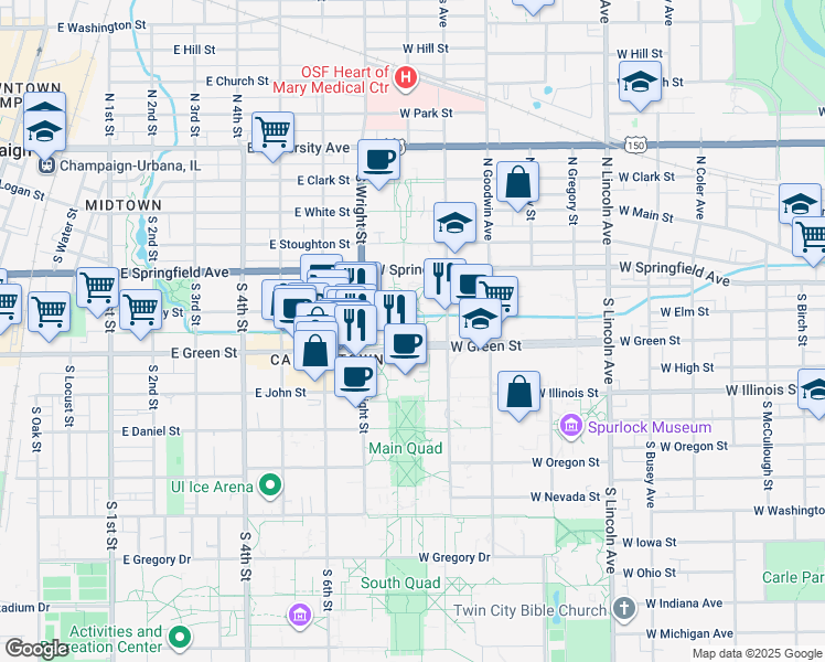 map of restaurants, bars, coffee shops, grocery stores, and more near 1308 West Green Street in Urbana