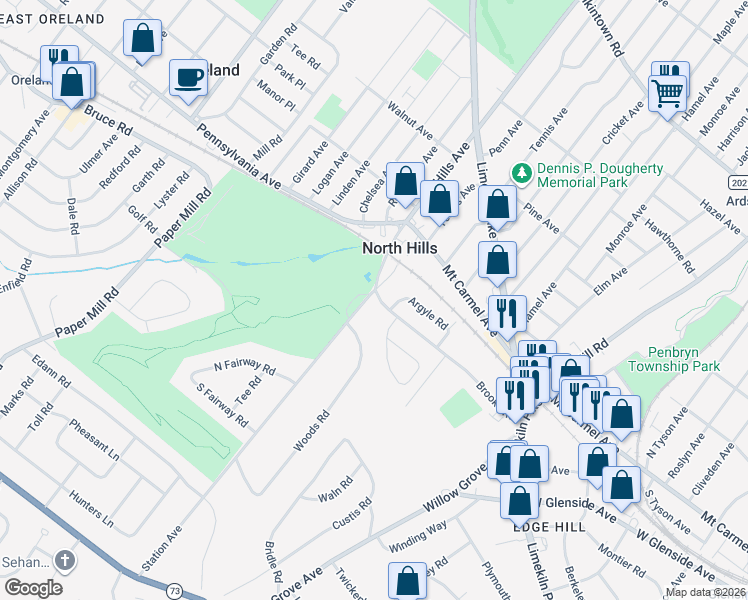 map of restaurants, bars, coffee shops, grocery stores, and more near 100 Station Avenue in Glenside