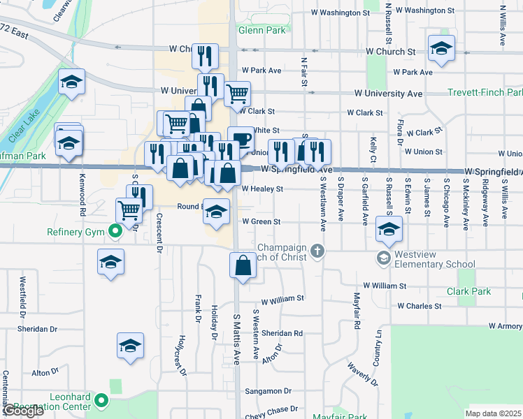 map of restaurants, bars, coffee shops, grocery stores, and more near 504 Wildwood Court in Champaign