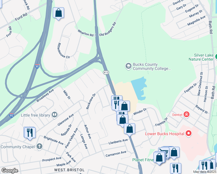 map of restaurants, bars, coffee shops, grocery stores, and more near 3605 Rockview Drive in Bristol