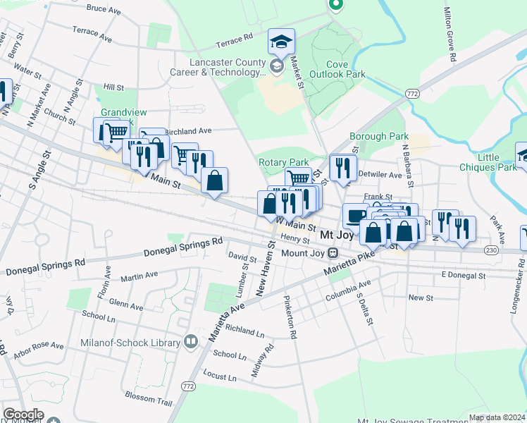 map of restaurants, bars, coffee shops, grocery stores, and more near 100 Fairview Street in Mount Joy