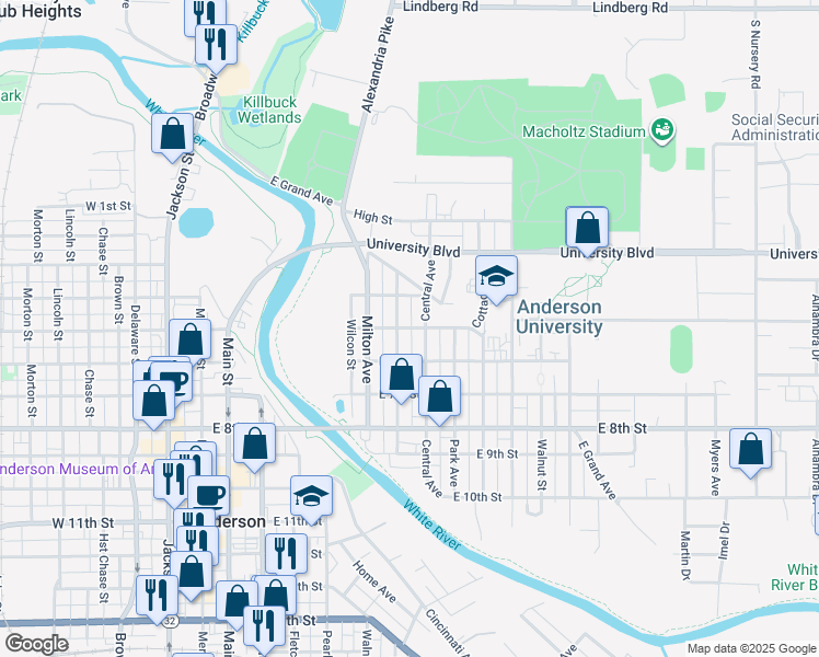 map of restaurants, bars, coffee shops, grocery stores, and more near 411 Central Avenue in Anderson