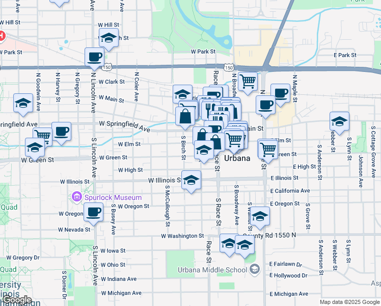 map of restaurants, bars, coffee shops, grocery stores, and more near 203 South Cedar Street in Urbana