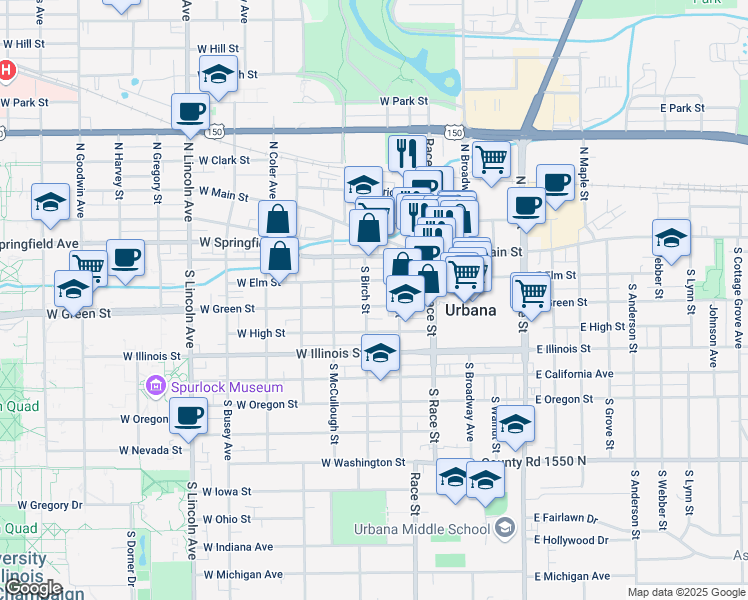 map of restaurants, bars, coffee shops, grocery stores, and more near 401 West Elm Street in Urbana