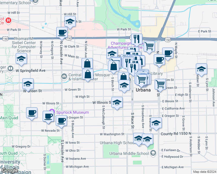 map of restaurants, bars, coffee shops, grocery stores, and more near 401 West Elm Street in Urbana