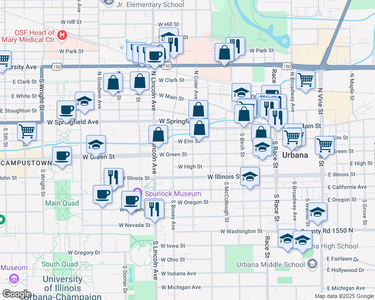 map of restaurants, bars, coffee shops, grocery stores, and more near 704 West Elm Street in Urbana