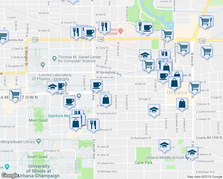 map of restaurants, bars, coffee shops, grocery stores, and more near 704 West Elm Street in Urbana