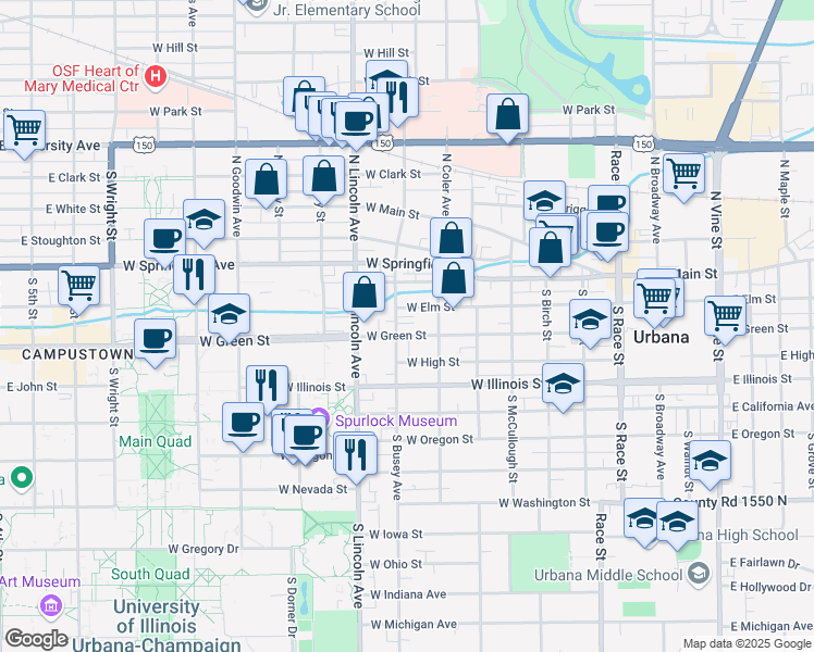 map of restaurants, bars, coffee shops, grocery stores, and more near 109 South Busey Avenue in Urbana