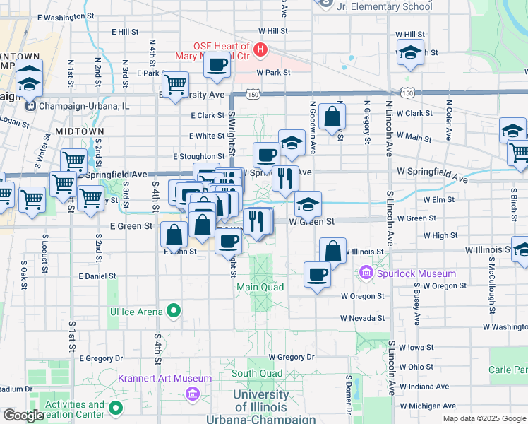 map of restaurants, bars, coffee shops, grocery stores, and more near in Urbana