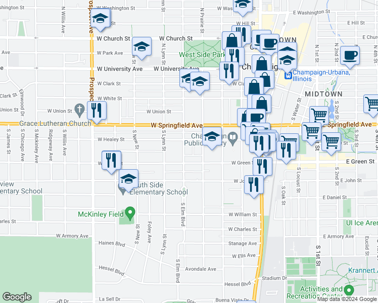 map of restaurants, bars, coffee shops, grocery stores, and more near 407 West Healey Street in Champaign