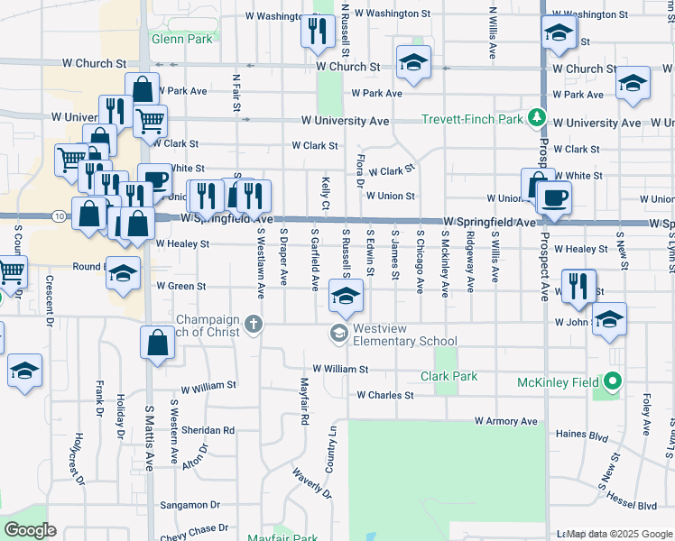 map of restaurants, bars, coffee shops, grocery stores, and more near 501 South Russell Street in Champaign