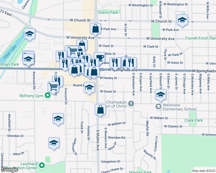 map of restaurants, bars, coffee shops, grocery stores, and more near 504 Wildwood Court in Champaign