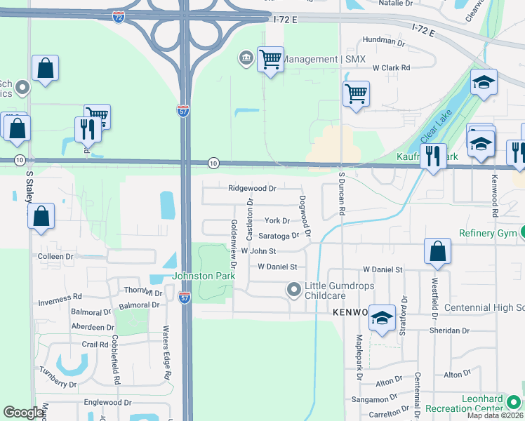 map of restaurants, bars, coffee shops, grocery stores, and more near 3214 Kimberly Drive in Champaign