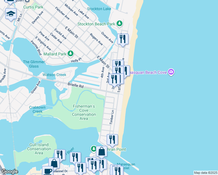 map of restaurants, bars, coffee shops, grocery stores, and more near 234 3rd Avenue in Manasquan