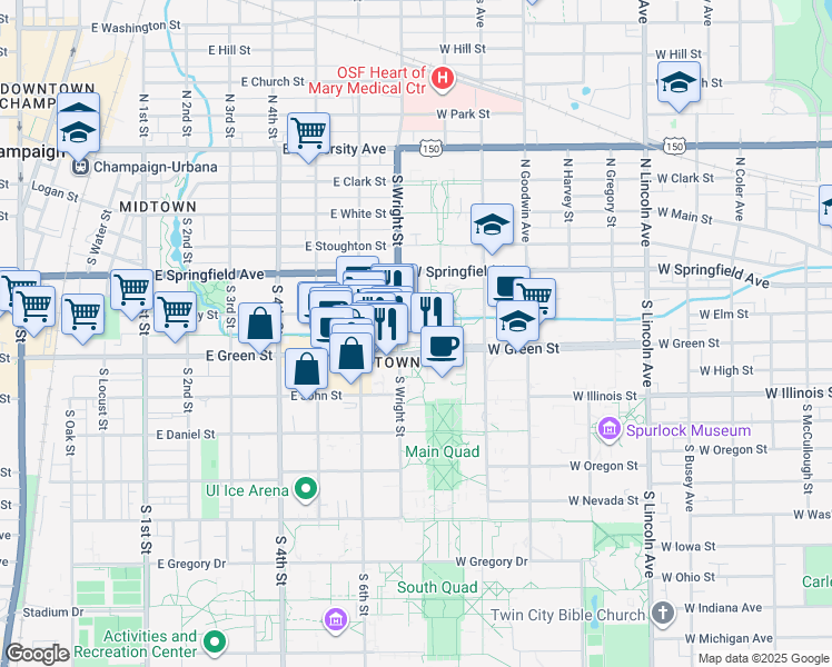 map of restaurants, bars, coffee shops, grocery stores, and more near 1406 West Green Street in Urbana