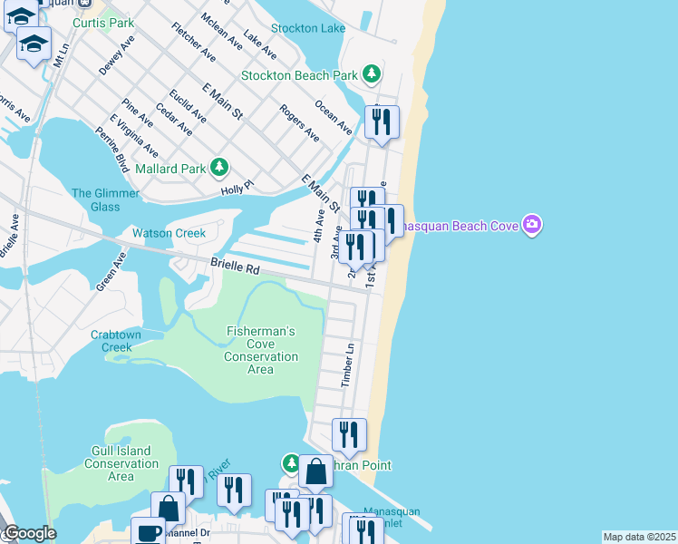 map of restaurants, bars, coffee shops, grocery stores, and more near 234 3rd Avenue in Manasquan