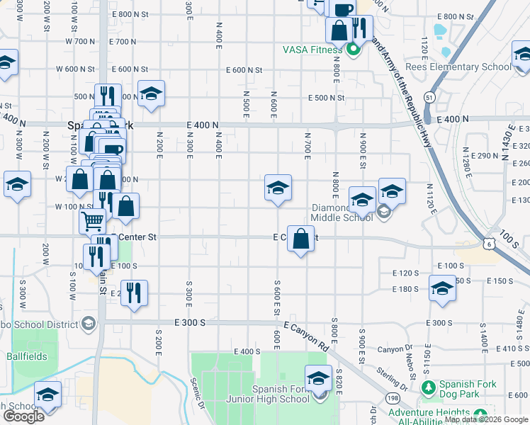 map of restaurants, bars, coffee shops, grocery stores, and more near 560 East 100 North in Spanish Fork